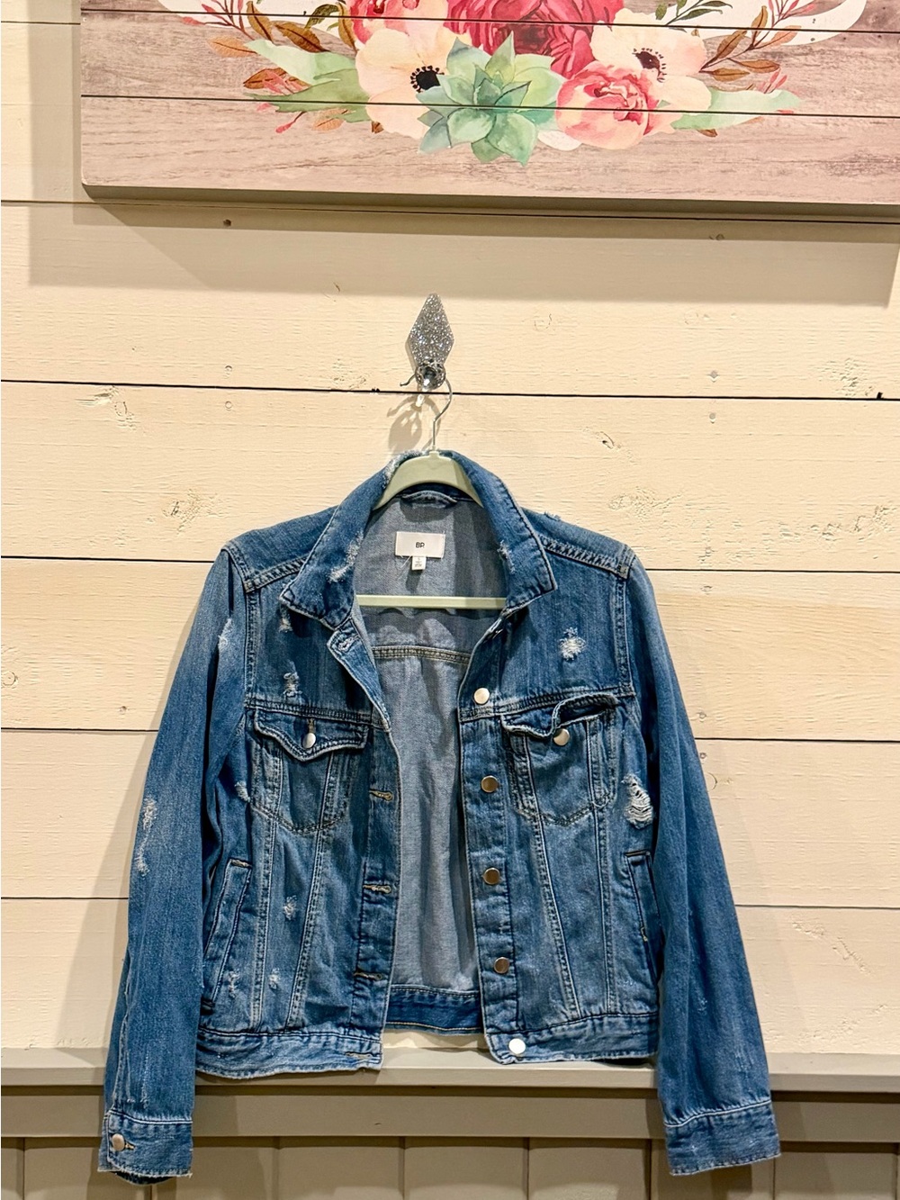 BP Distressed Denim Jacket Medium Wash Button Front Size S